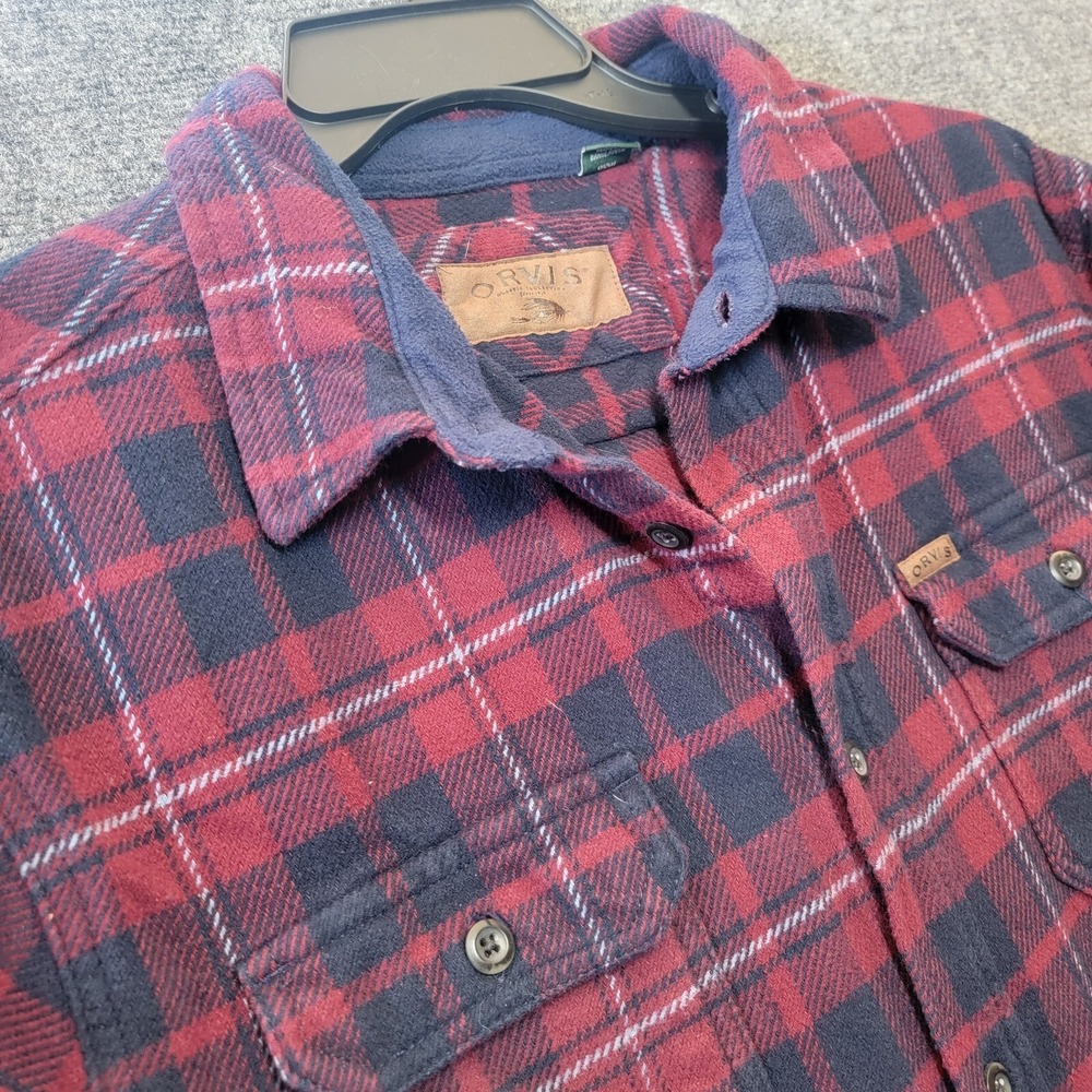 Orvis Men's Red and Navy Plaid Flannel Shirt Jacket XL